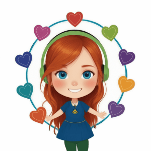 A cartoon version of Tara Lionheart in a Blue dress, gree tights, and back shoes. She wears green headphones and is surrounded by multi-colored hearts